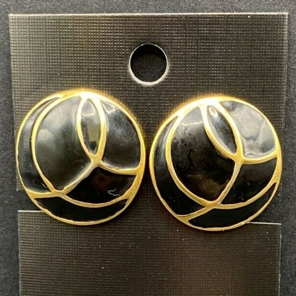 Vintage Monet Gold Tone and Black Enamel Earrings